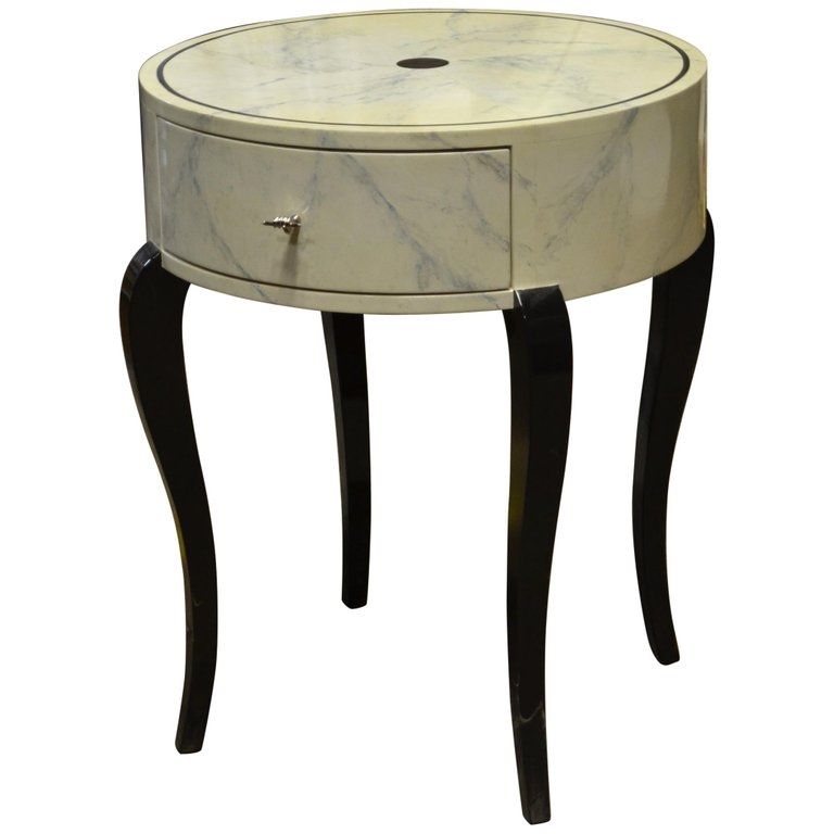 Faux Marble Round Side Table with Drawer